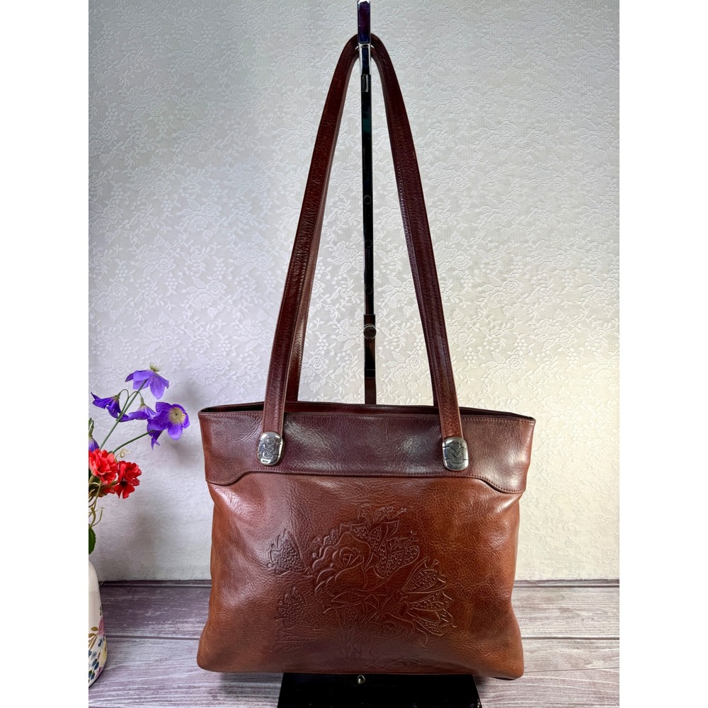 Marino Orlandi Brown Cognac Leather Floral‎ Embossed Tote Bag Italy Shoulder Bag